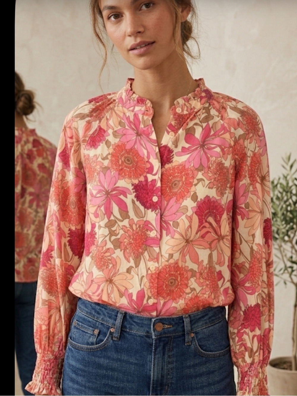 Fate Floral Smocked Blouse Small Pink Cream Cottagecore Chic